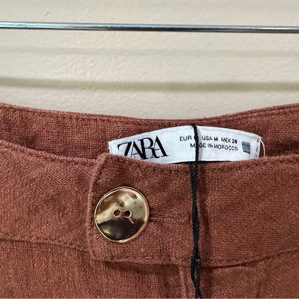 ZARA Terracotta Linen Wide Leg Pleated Pants Rust Brown Boho Trouser Women’s M